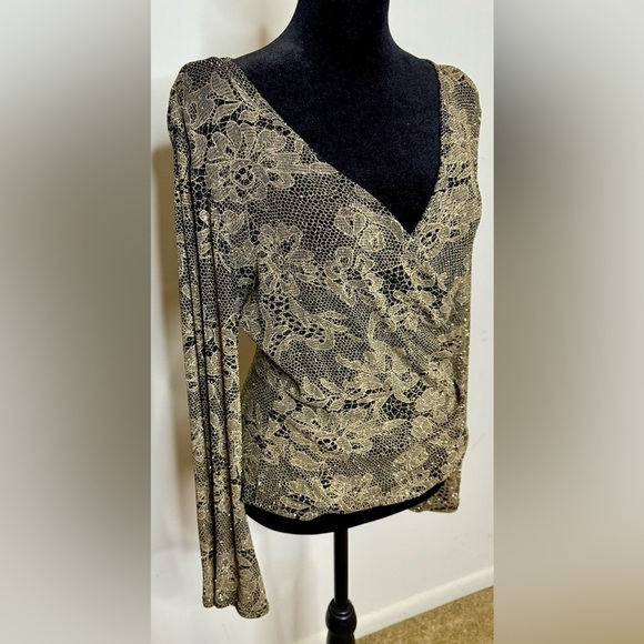 Vintage MSK gold and black faux wrap shimmer V neck dressy occasion shirt medium - Picture 5 of 10